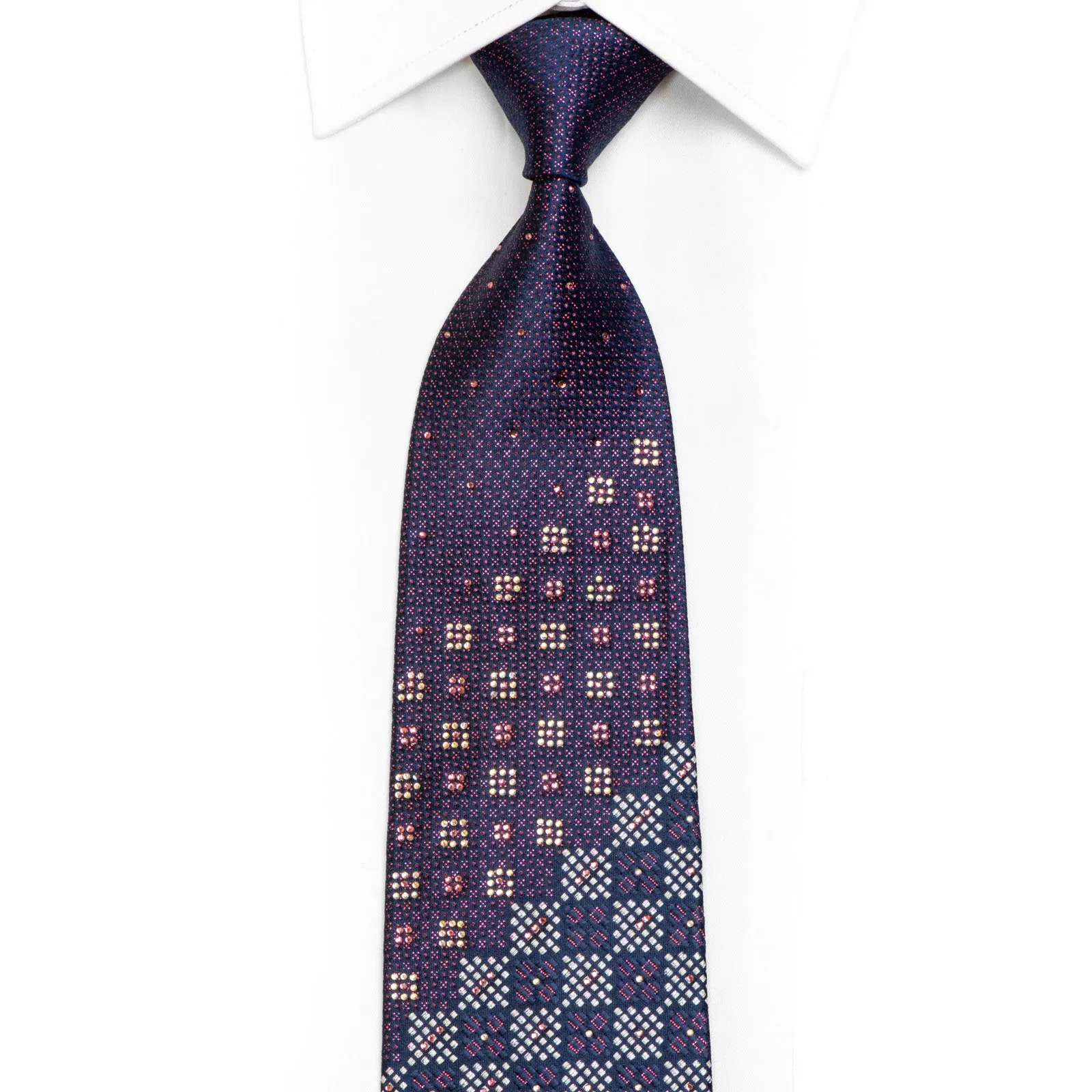 Silver Checkered On Navy Rhinestone Silk Necktie With Purple Sparkles