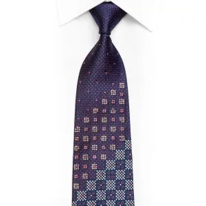 Silver Checkered On Navy Rhinestone Silk Necktie With Purple Sparkles