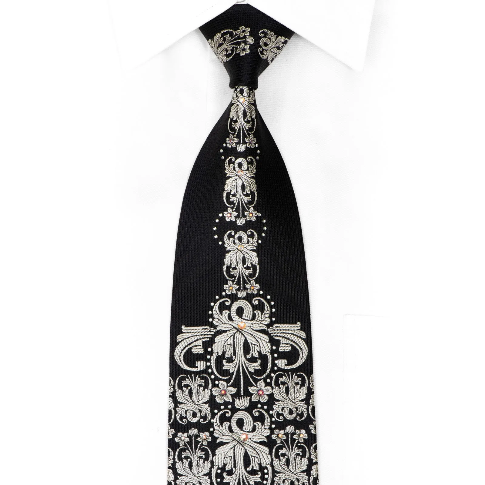 Silver Damask On Black Crystal Rhinestone Silk Tie With Sparkles