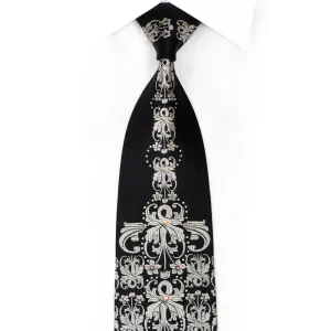 Silver Damask On Black Crystal Rhinestone Silk Tie With Sparkles