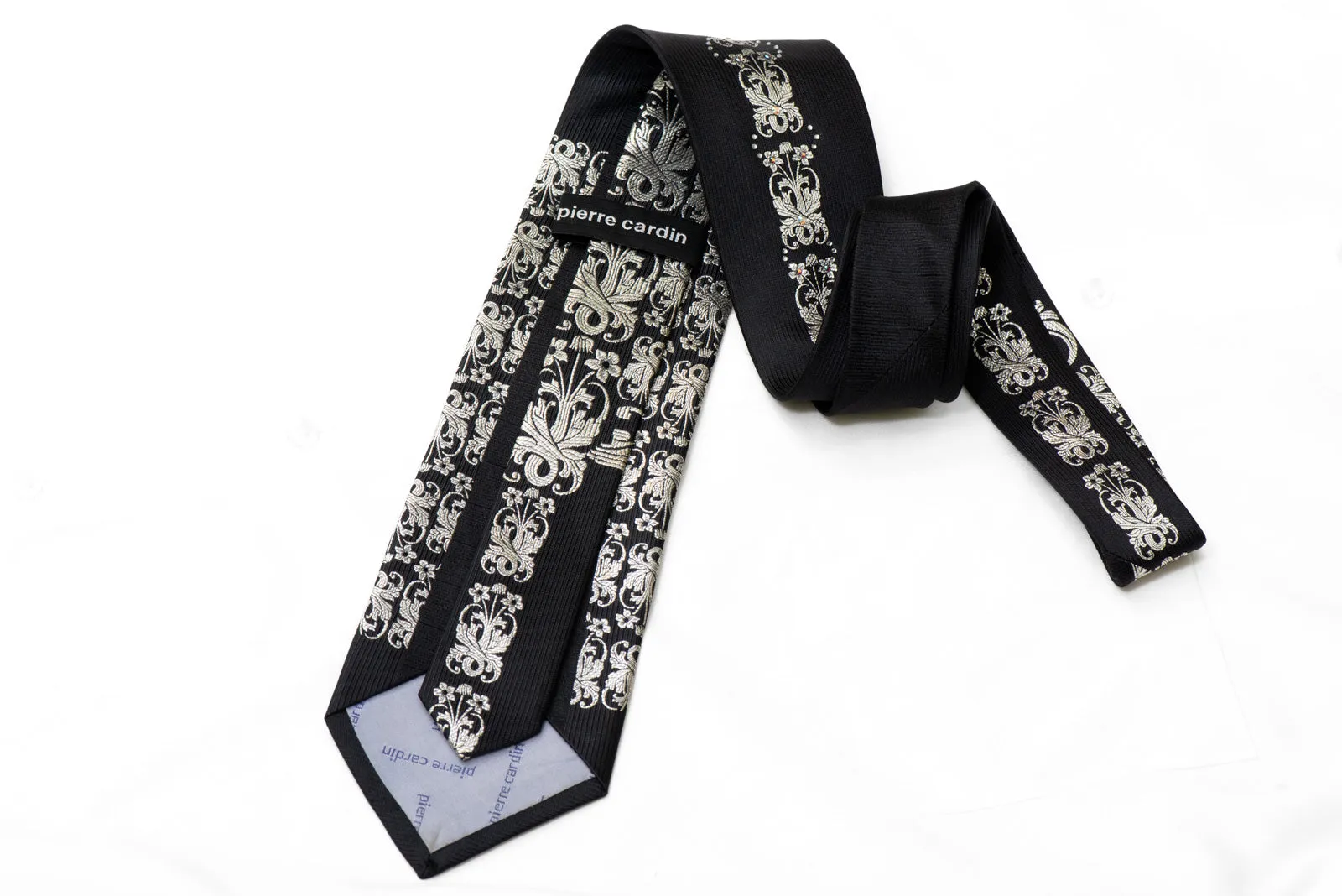 Silver Damask On Black Crystal Rhinestone Silk Tie With Sparkles