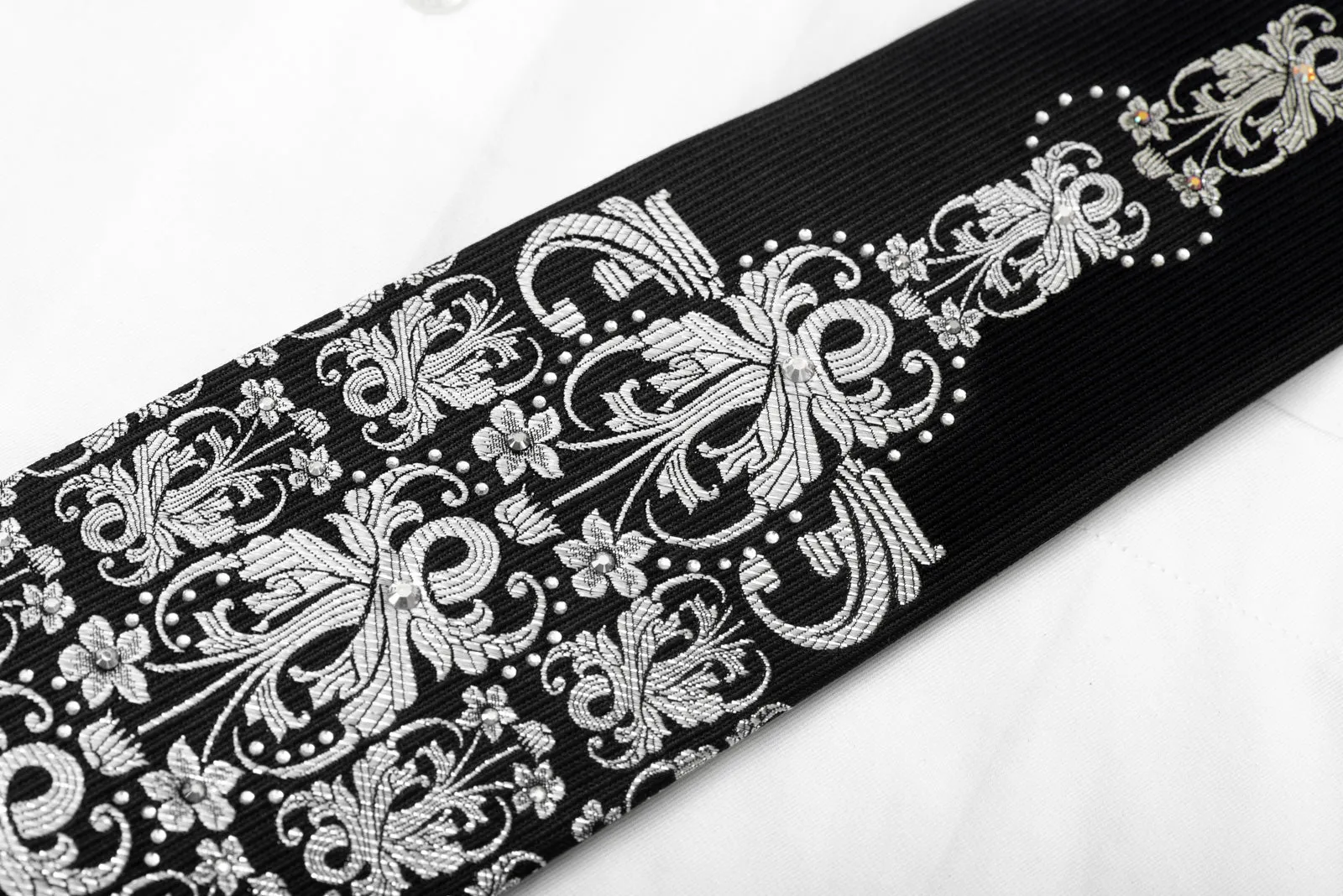 Silver Damask On Black Crystal Rhinestone Silk Tie With Sparkles