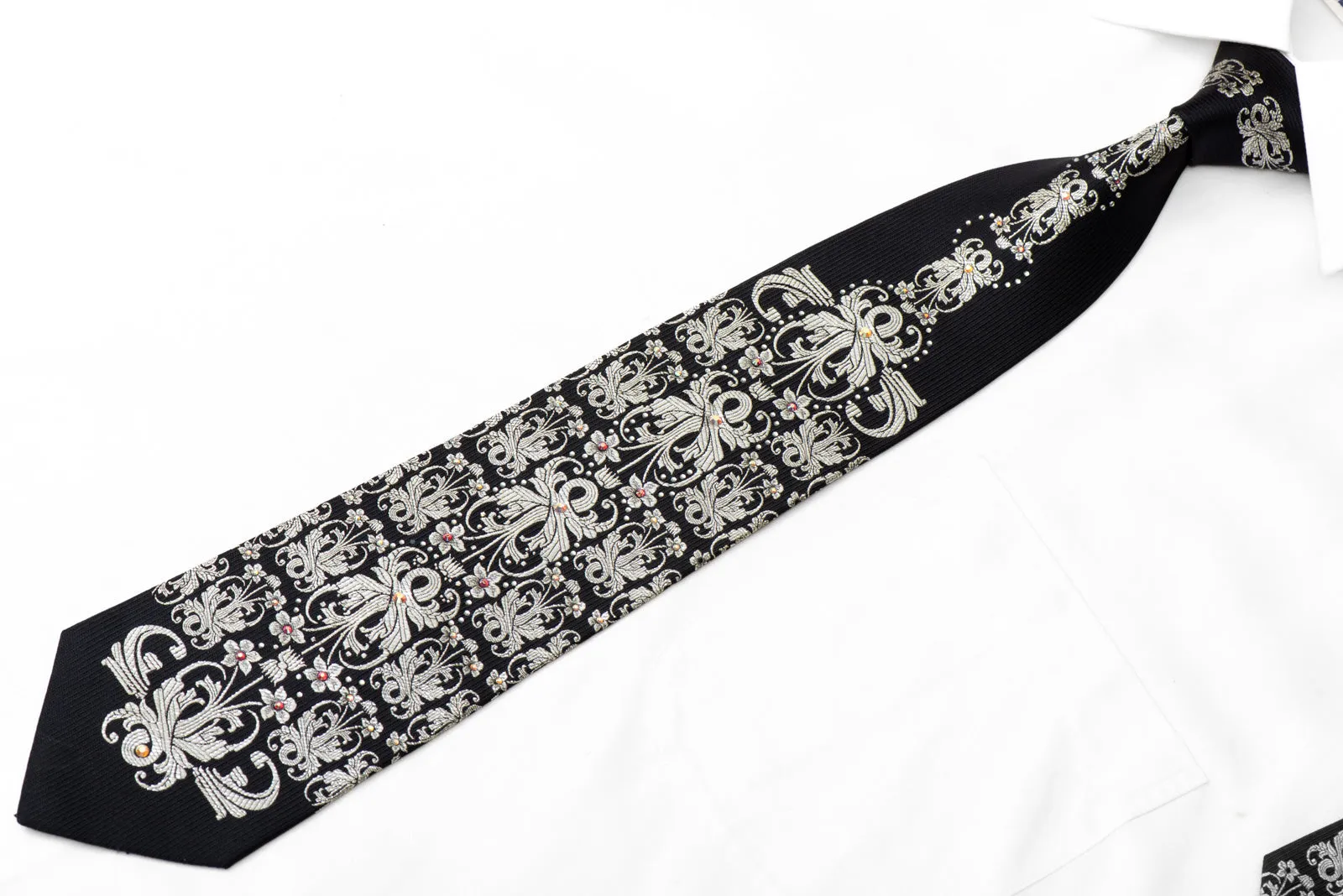 Silver Damask On Black Crystal Rhinestone Silk Tie With Sparkles