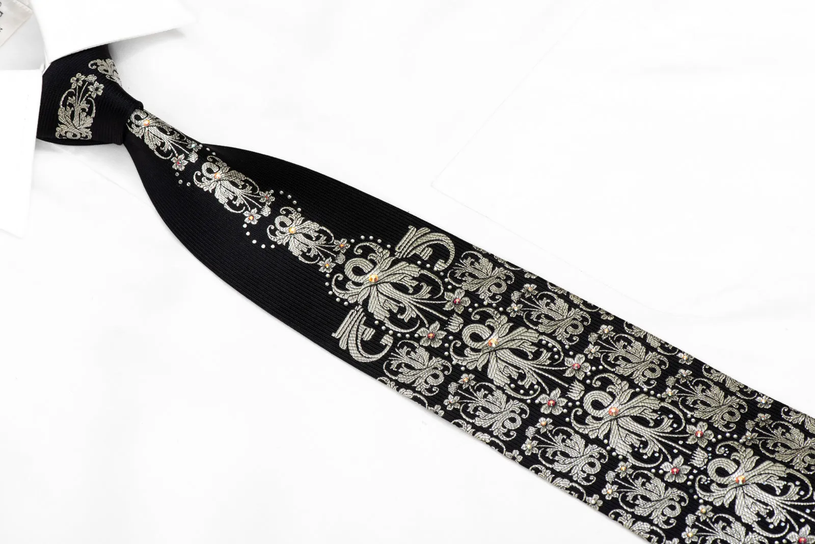 Silver Damask On Black Crystal Rhinestone Silk Tie With Sparkles