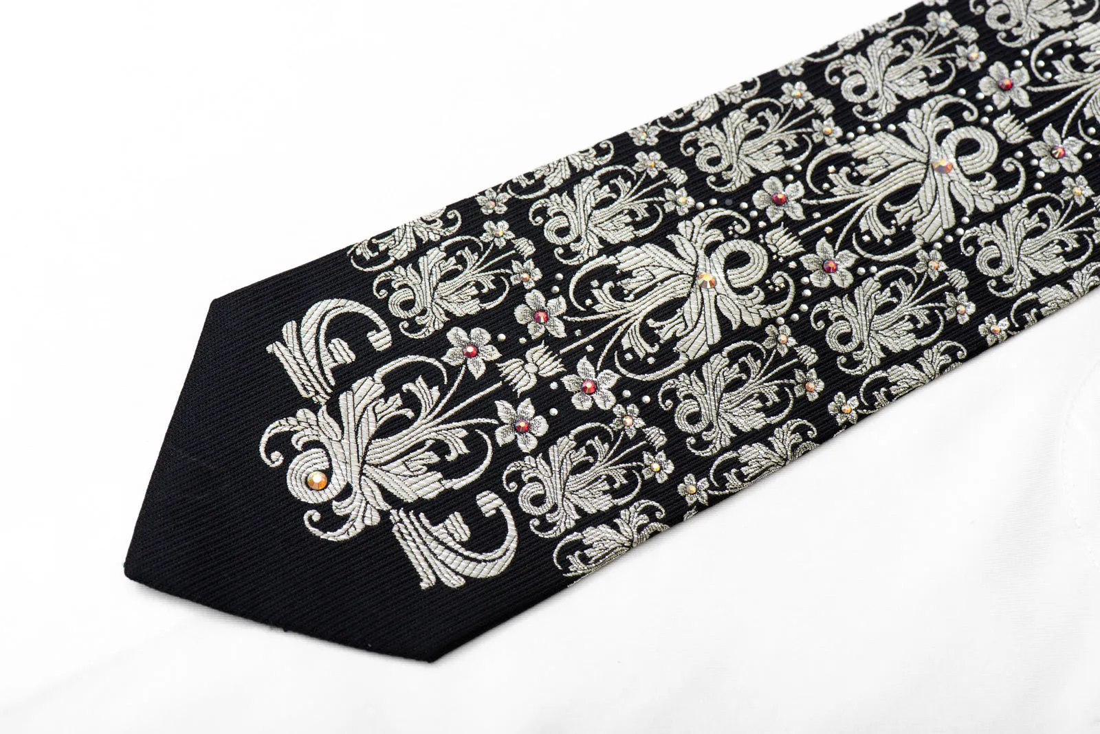 Silver Damask On Black Crystal Rhinestone Silk Tie With Sparkles
