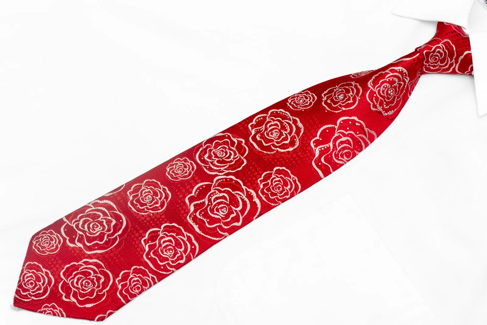 Silver Floral On Red Rhinestone Silk Tie With Silver Sparkles