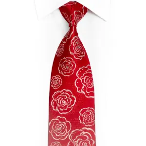 Silver Floral On Red Rhinestone Silk Tie With Silver Sparkles