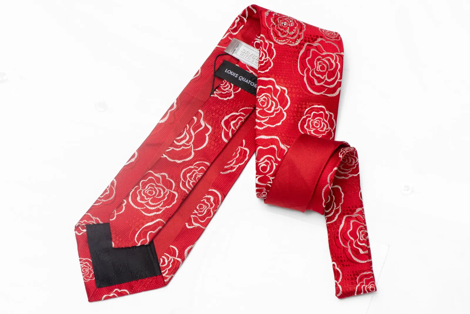 Silver Floral On Red Rhinestone Silk Tie With Silver Sparkles