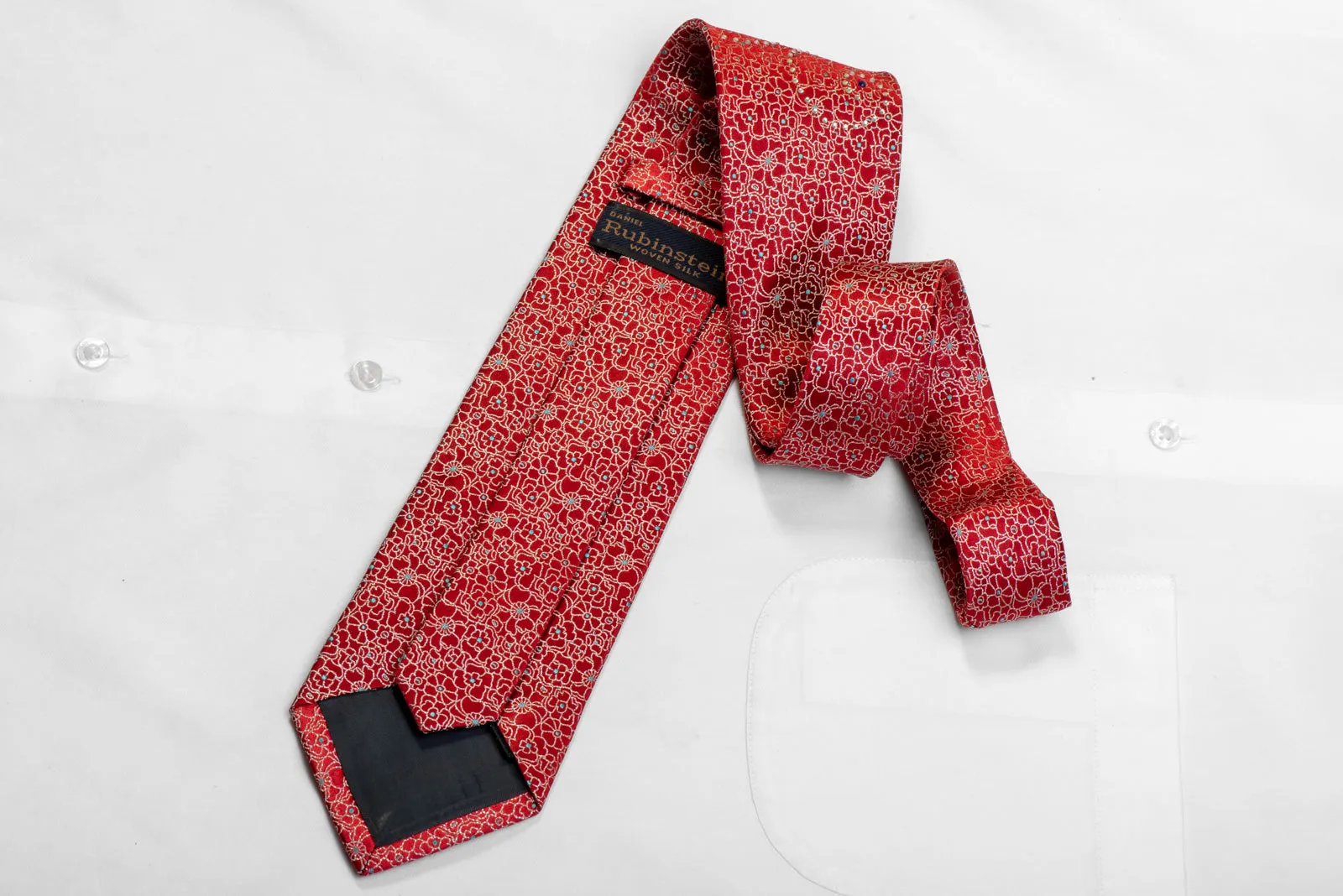 Silver Floral Trellis On Red Rhinestone Silk Necktie With Sparkles
