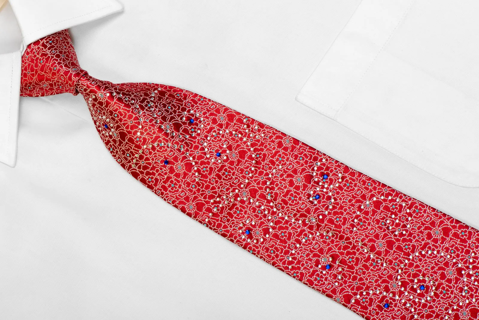 Silver Floral Trellis On Red Rhinestone Silk Necktie With Sparkles