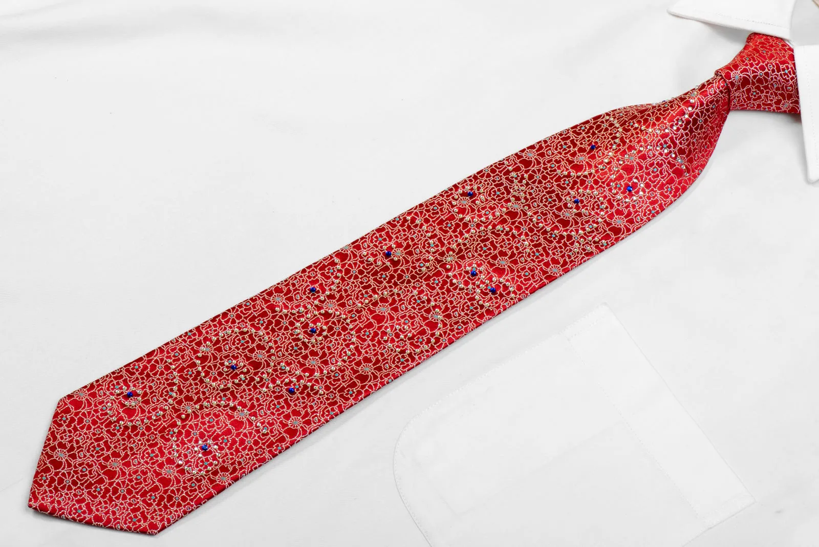 Silver Floral Trellis On Red Rhinestone Silk Necktie With Sparkles