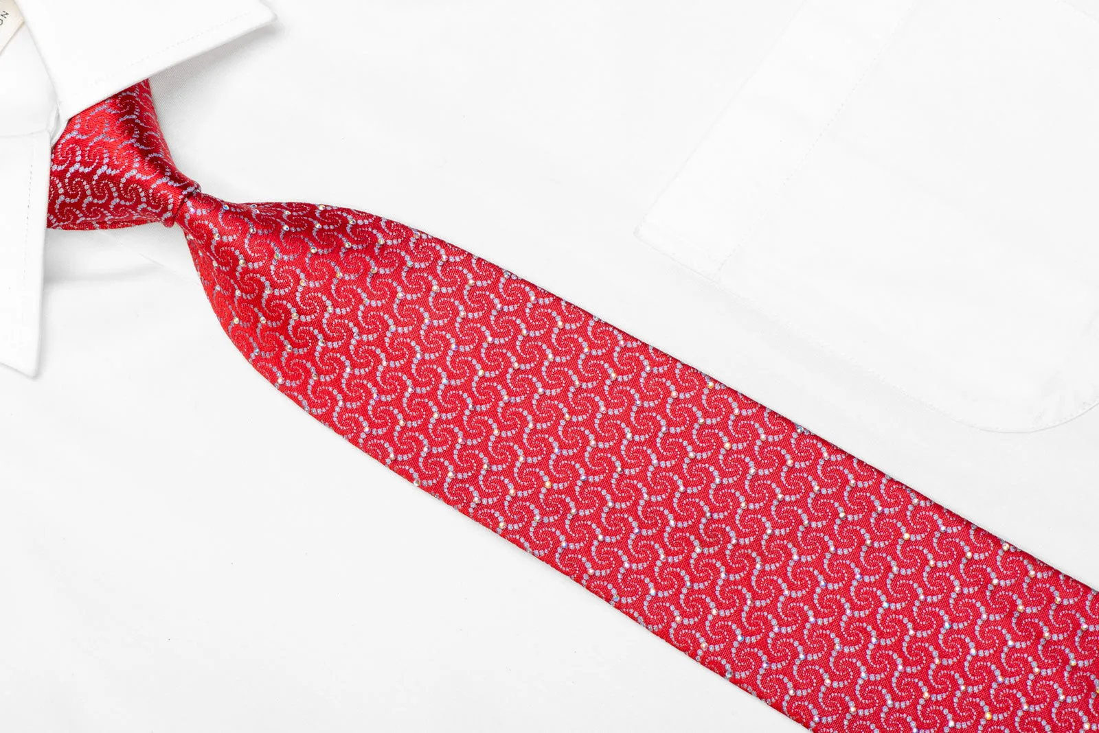 Silver Geometric On Red Rhinestone Silk Necktie With Sparkles