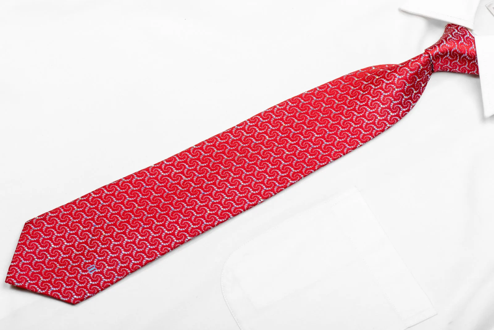 Silver Geometric On Red Rhinestone Silk Necktie With Sparkles