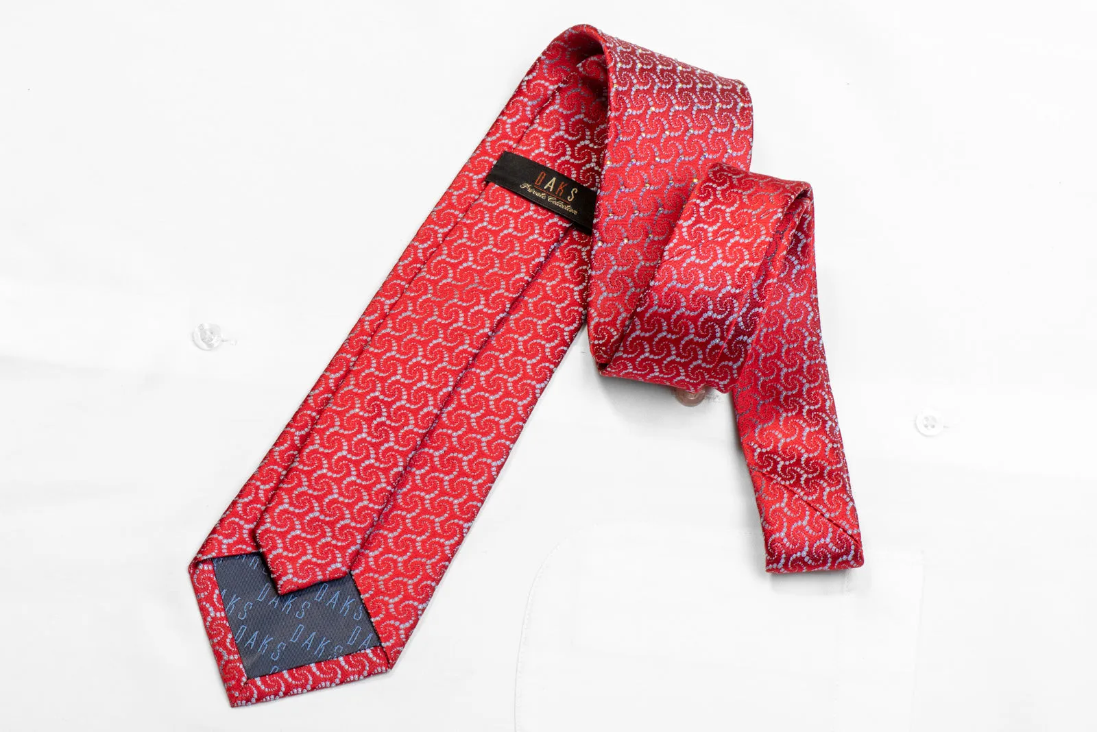 Silver Geometric On Red Rhinestone Silk Necktie With Sparkles