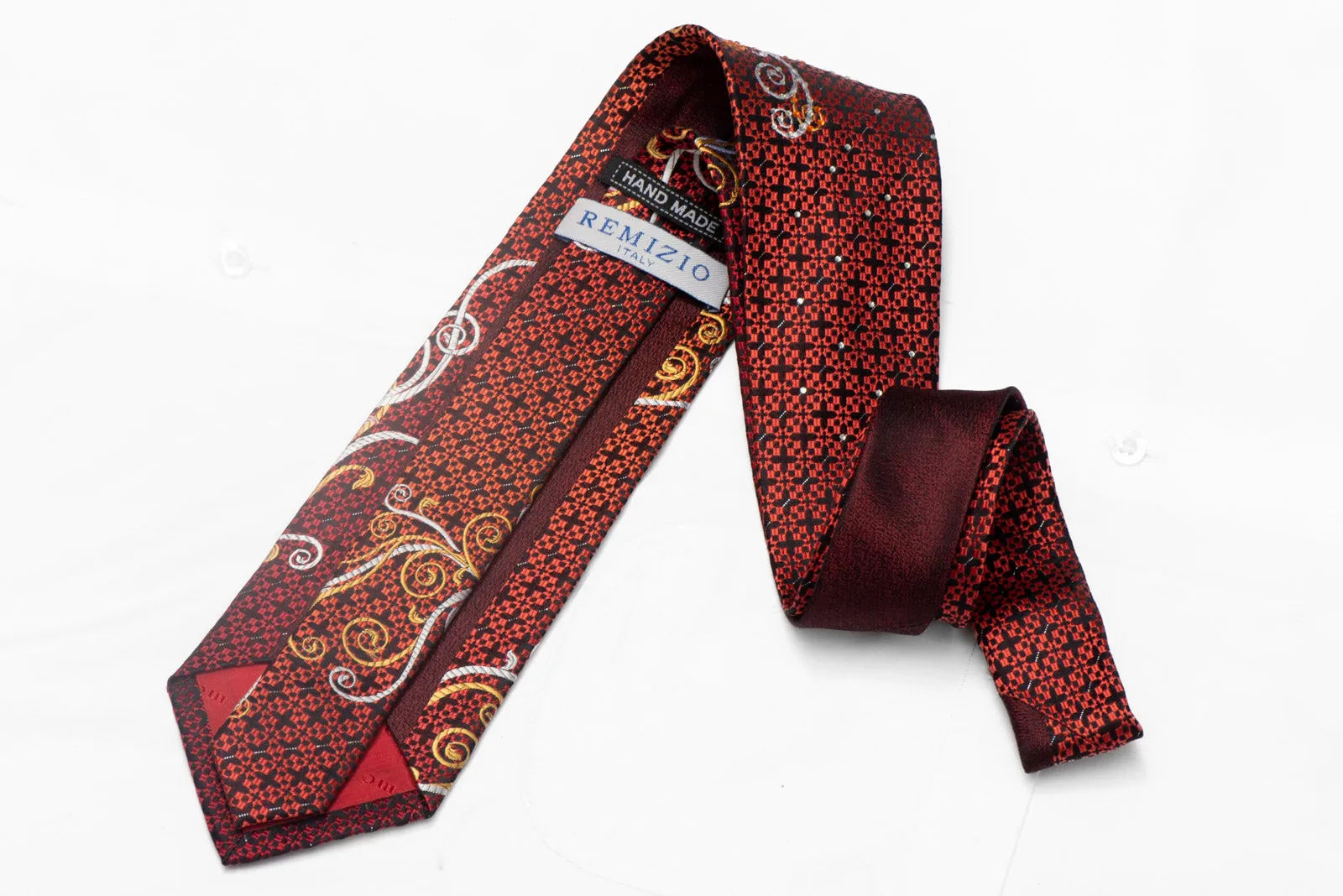 Silver Gold Scrolls On Black Orange Rhinestone Silk Tie With Sparkles