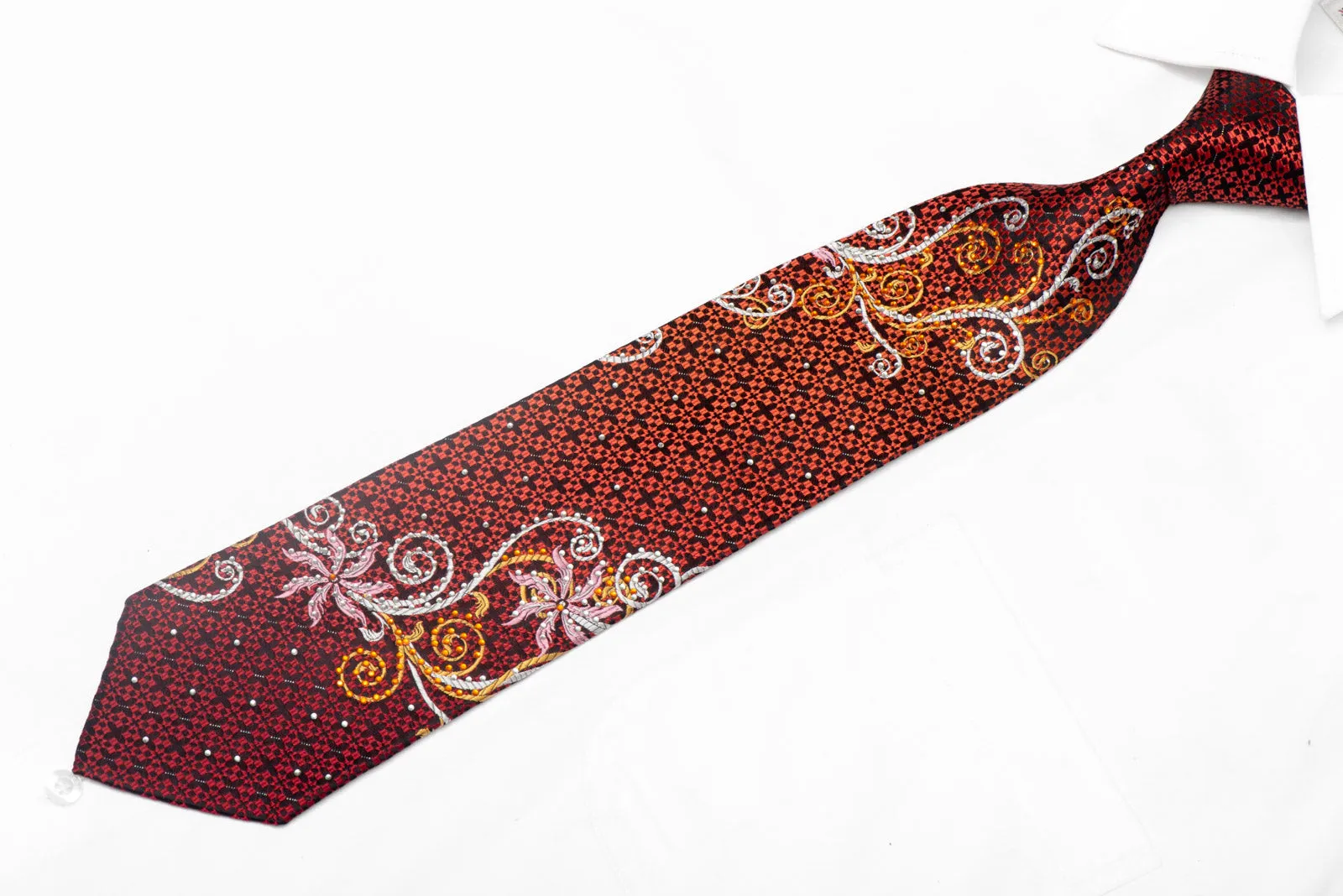 Silver Gold Scrolls On Black Orange Rhinestone Silk Tie With Sparkles