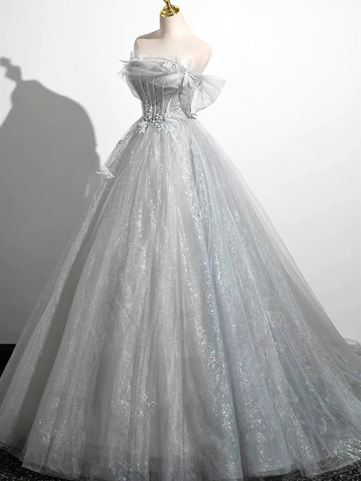Silver Gray Tulle Lace Prom Dresses, Silver Gray Long Lace Formal Evening Dresses