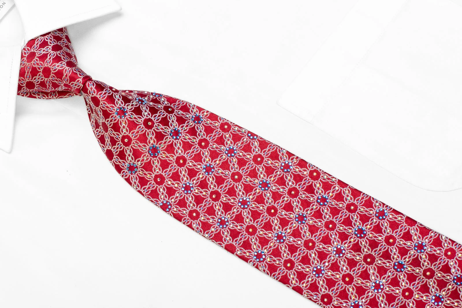 Silver Interlocking Chains On Red Rhinestone Silk Tie