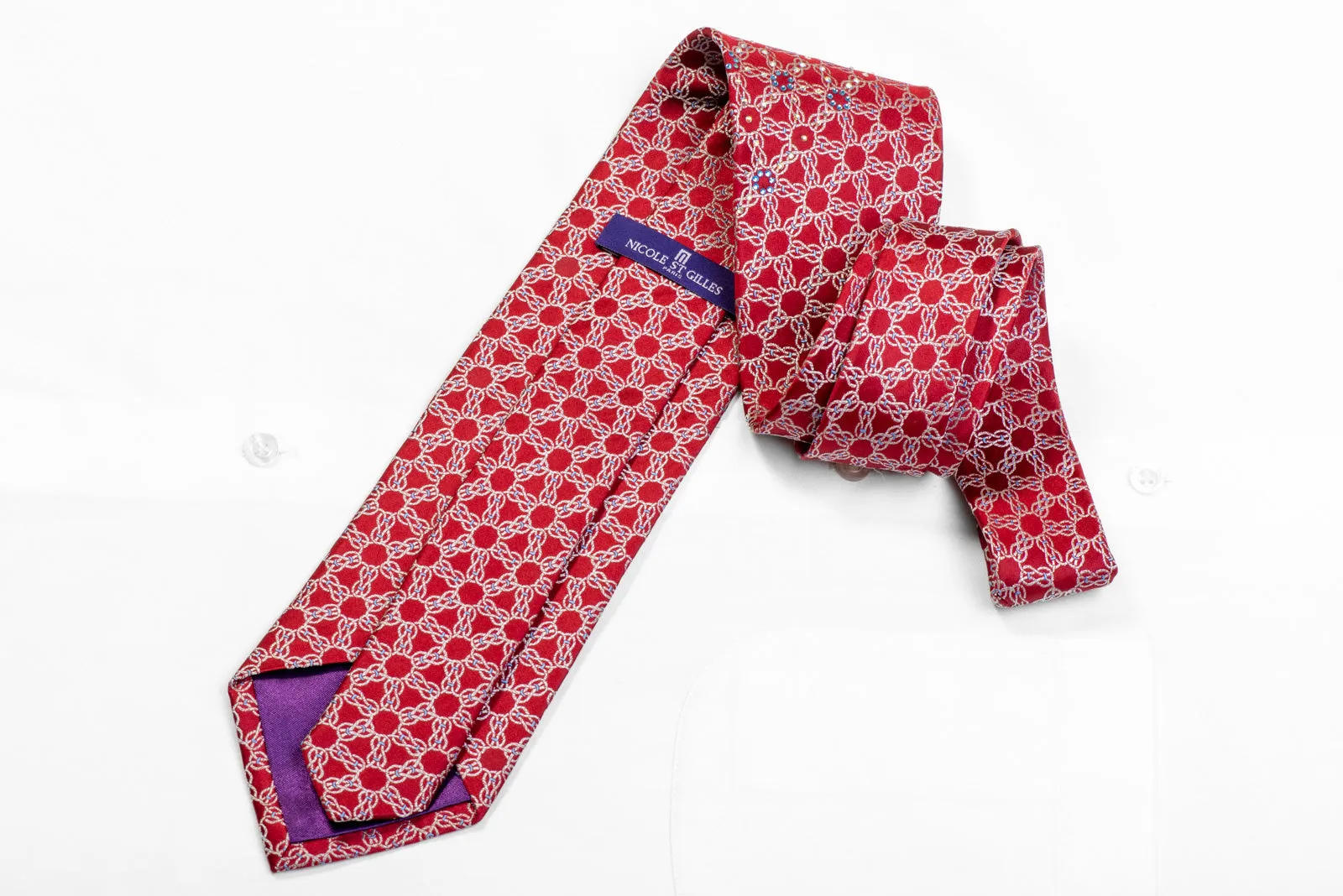 Silver Interlocking Chains On Red Rhinestone Silk Tie
