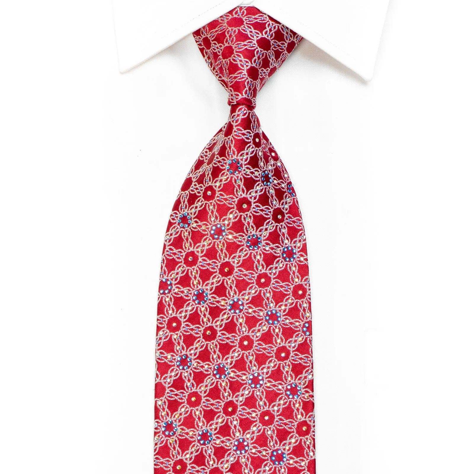 Silver Interlocking Chains On Red Rhinestone Silk Tie