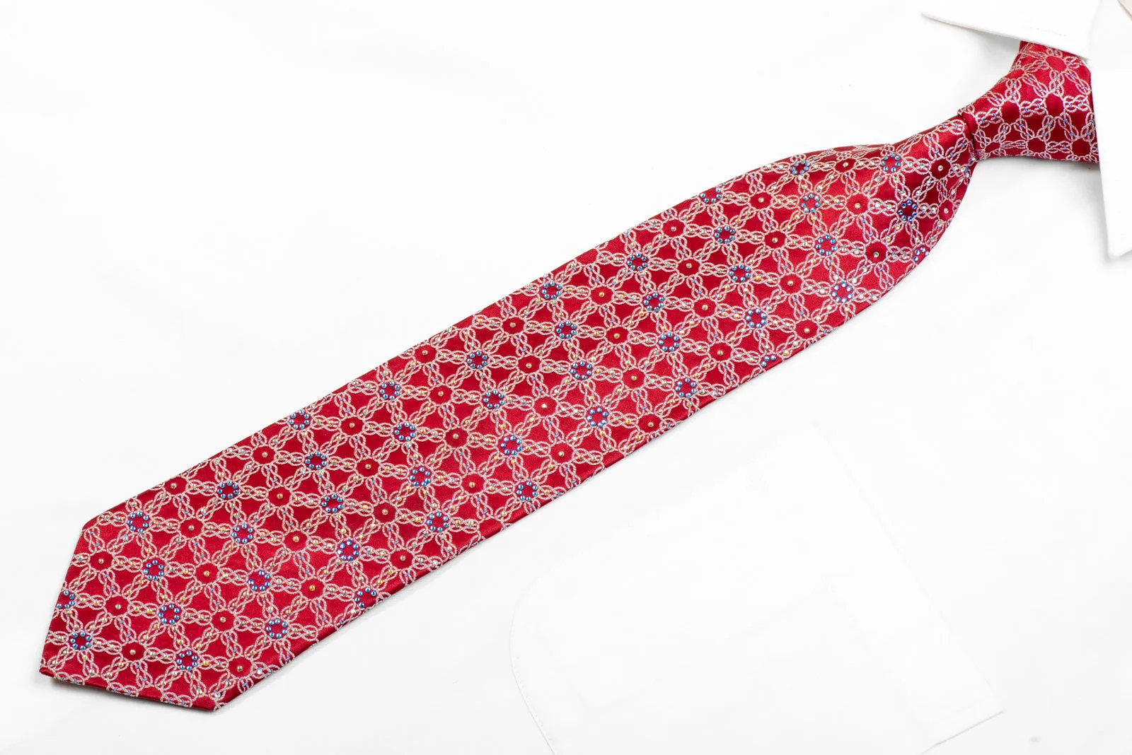 Silver Interlocking Chains On Red Rhinestone Silk Tie
