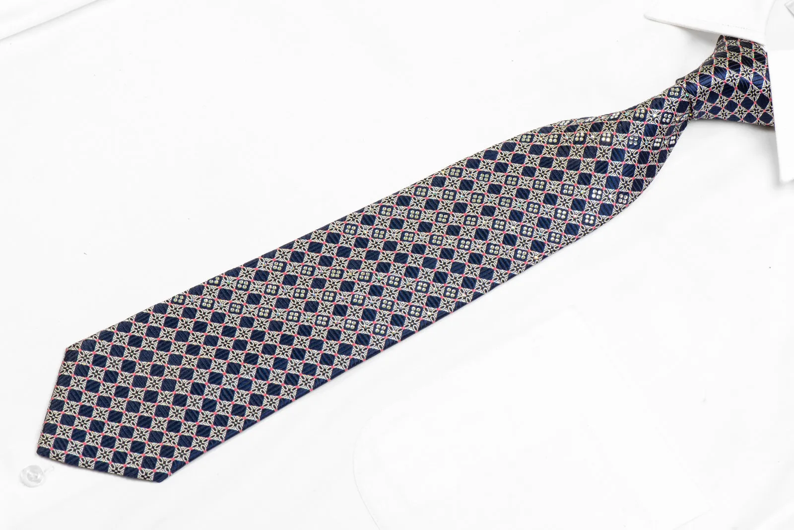 Silver Navy Cartouche Checkered Rhinestone Silk Tie With Silver Sparkles