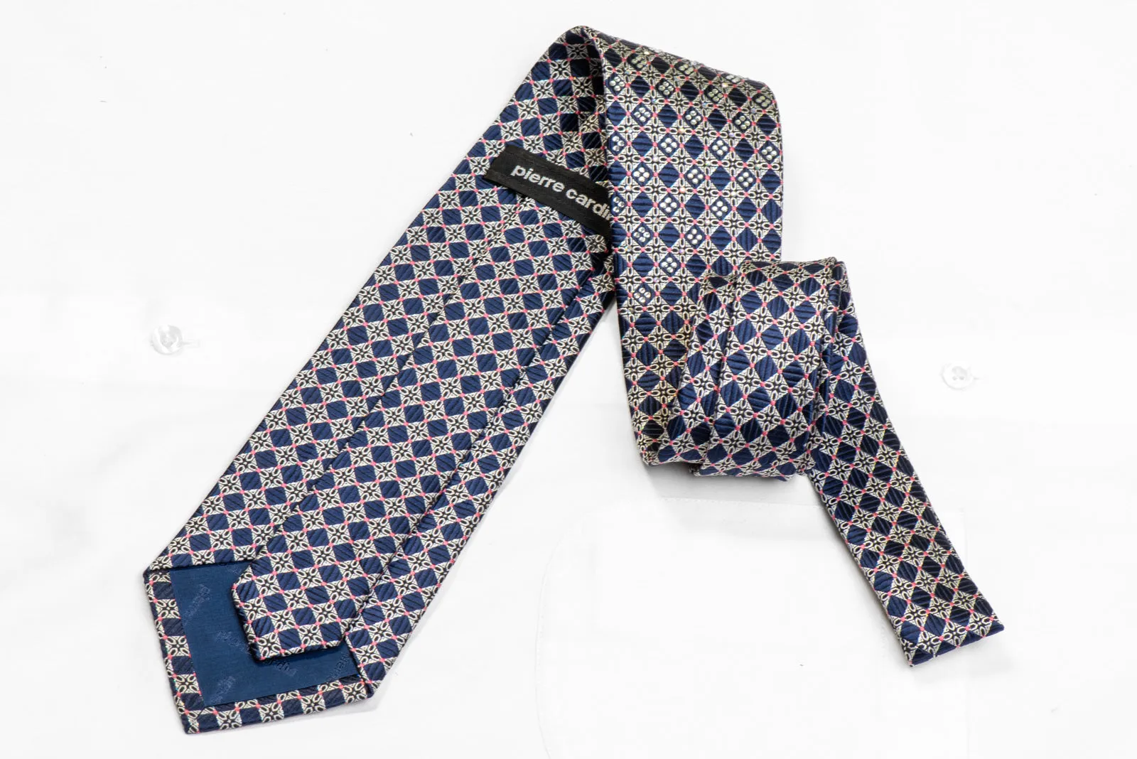 Silver Navy Cartouche Checkered Rhinestone Silk Tie With Silver Sparkles