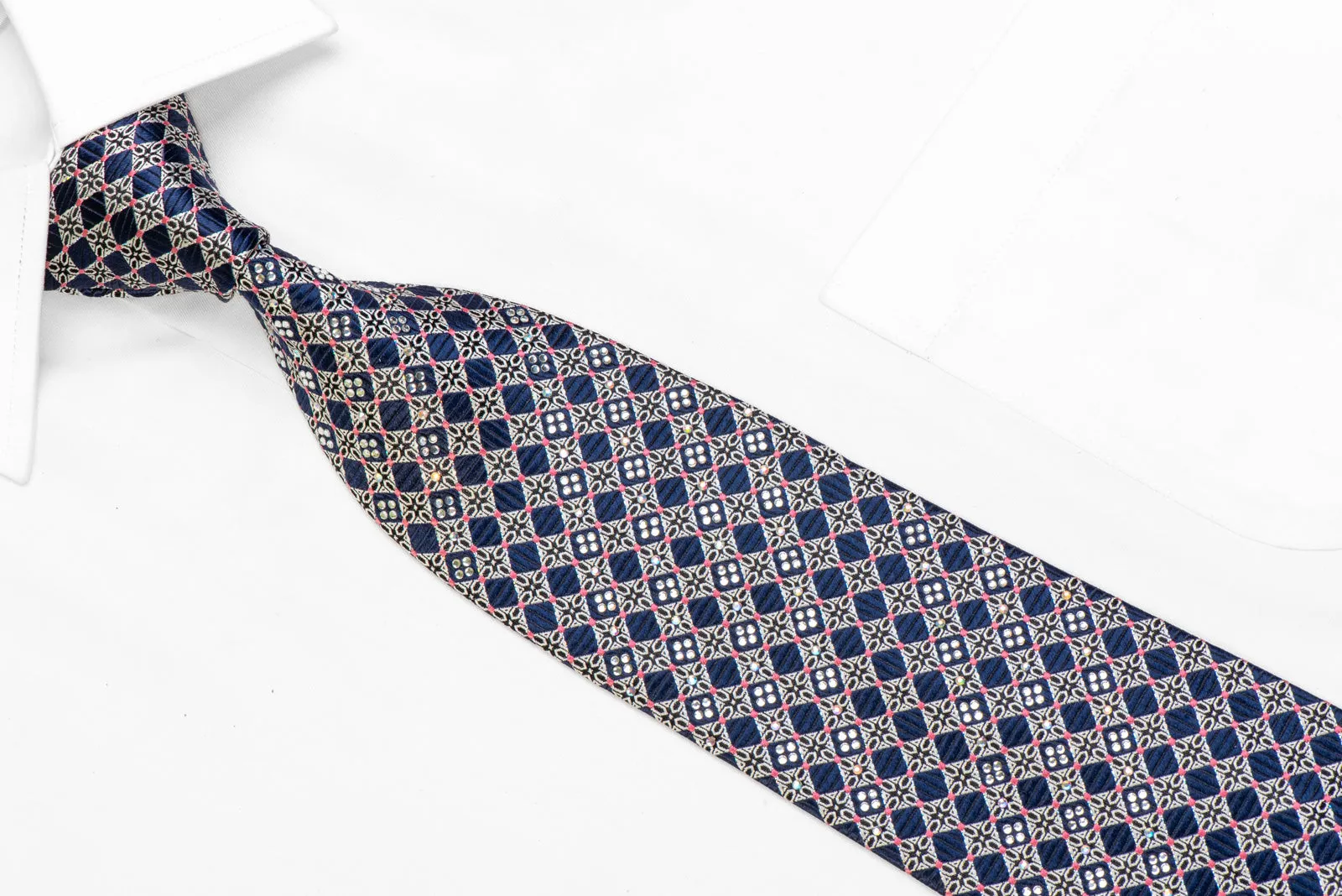 Silver Navy Cartouche Checkered Rhinestone Silk Tie With Silver Sparkles