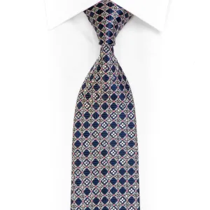 Silver Navy Cartouche Checkered Rhinestone Silk Tie With Silver Sparkles