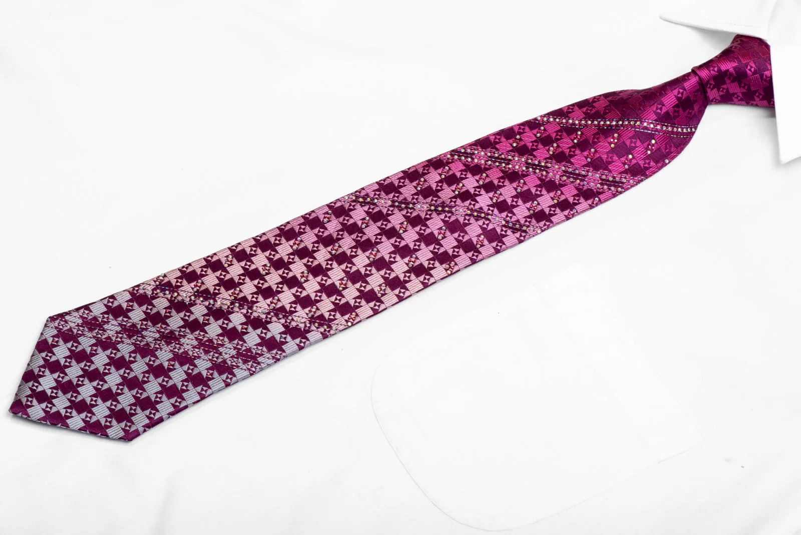 Silver Purple Checkered Rhinestone Silk Necktie Withy Silver Sparkles