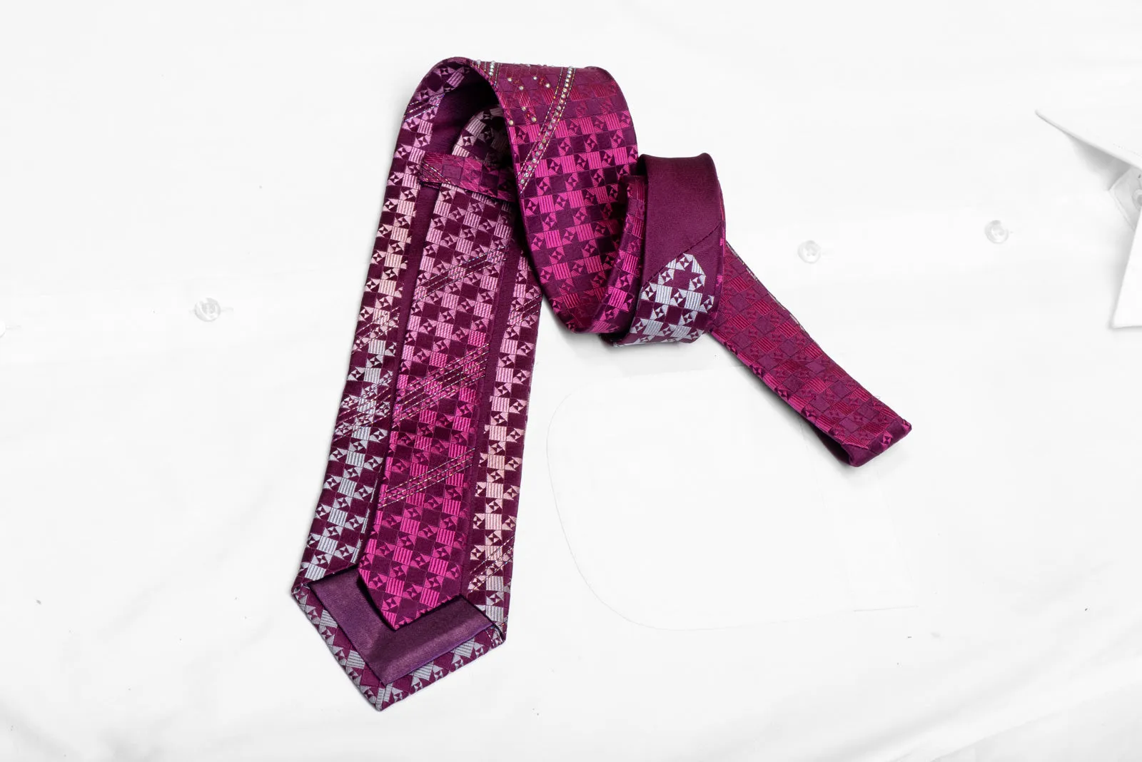 Silver Purple Checkered Rhinestone Silk Necktie Withy Silver Sparkles