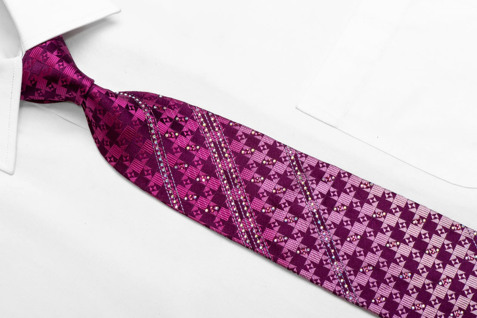Silver Purple Checkered Rhinestone Silk Necktie Withy Silver Sparkles