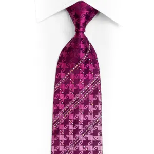 Silver Purple Checkered Rhinestone Silk Necktie Withy Silver Sparkles