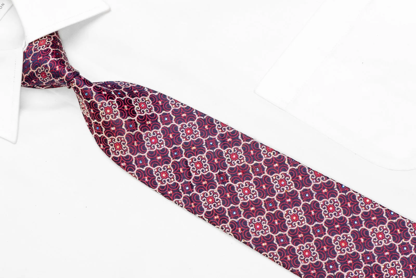 Silver Red Cartouche On Navy Rhinestone Necktie