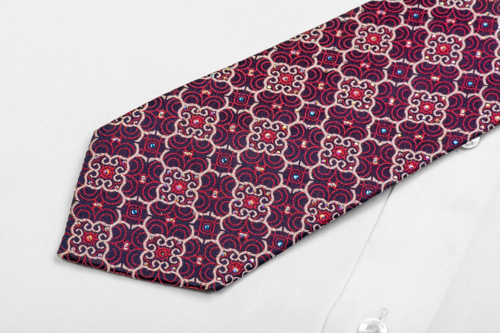 Silver Red Cartouche On Navy Rhinestone Necktie