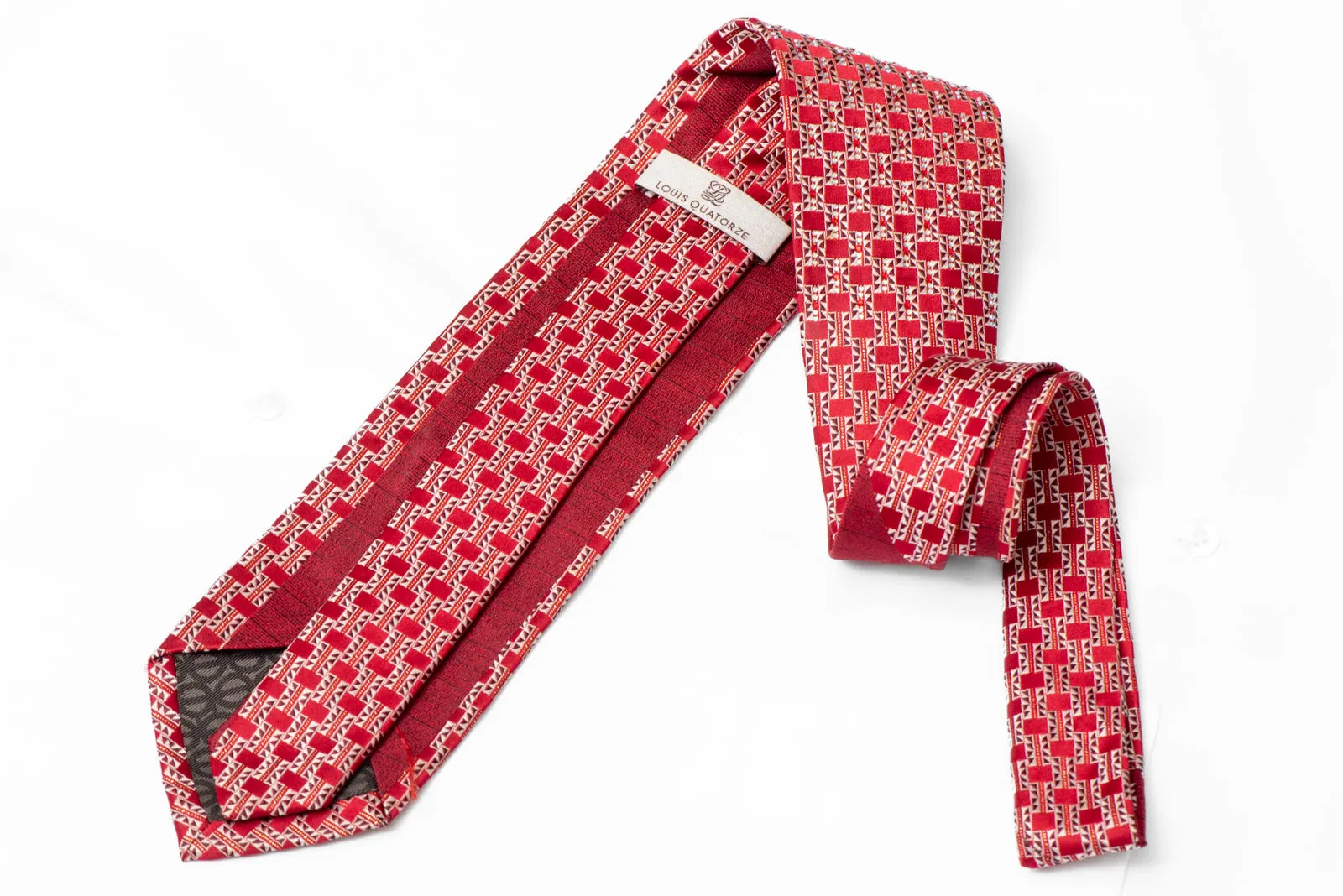 Silver Red Geometric Checkered Rhinestone Silk Necktie With Golden Sparkles