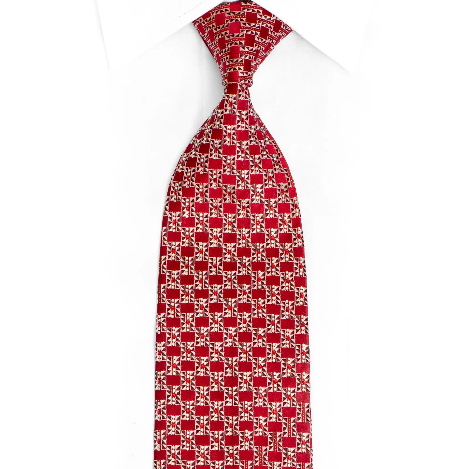 Silver Red Geometric Checkered Rhinestone Silk Necktie With Golden Sparkles