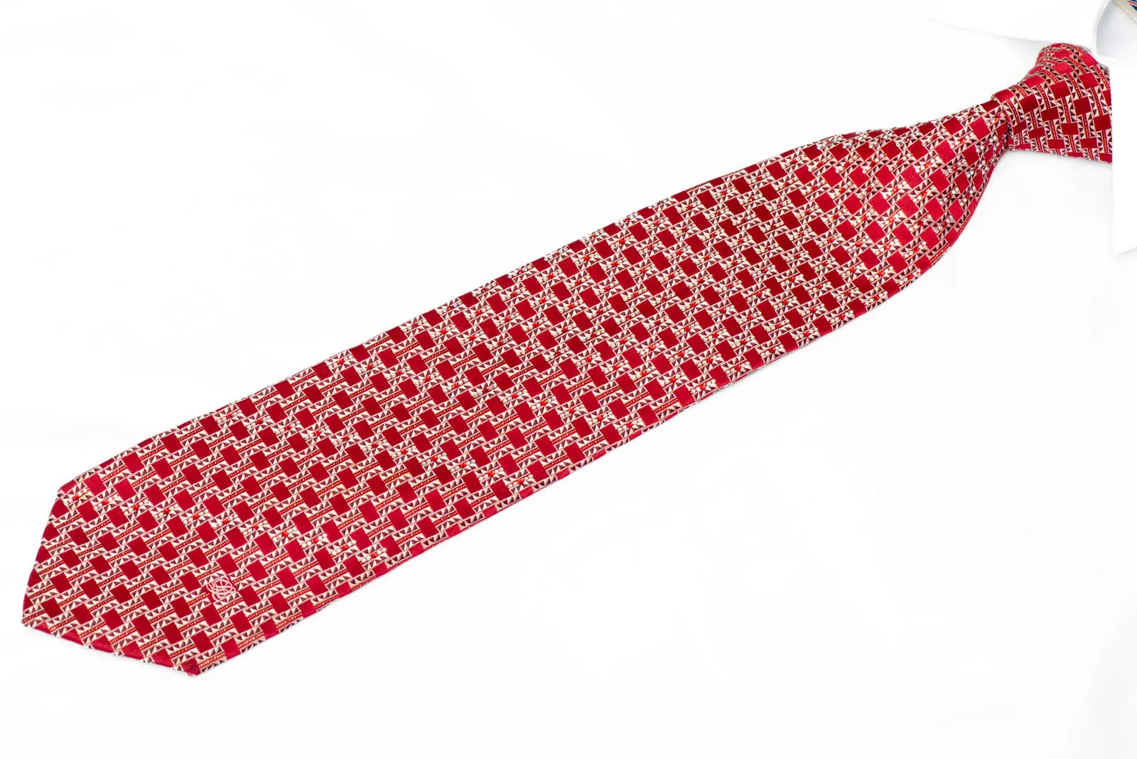 Silver Red Geometric Checkered Rhinestone Silk Necktie With Golden Sparkles