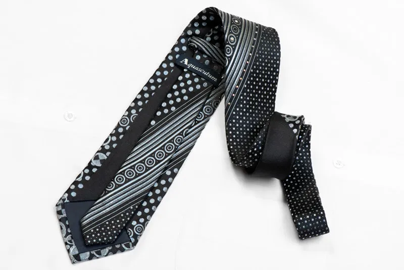 Silver Striped On Geometric On Black Rhinestone Silk Tie With Sparkles