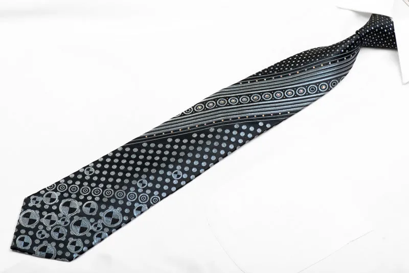 Silver Striped On Geometric On Black Rhinestone Silk Tie With Sparkles