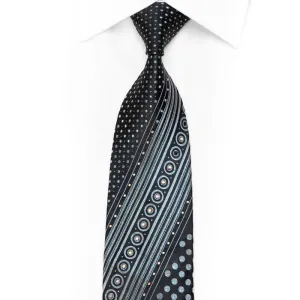Silver Striped On Geometric On Black Rhinestone Silk Tie With Sparkles