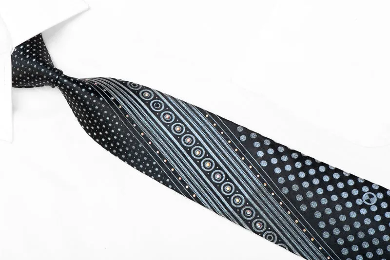 Silver Striped On Geometric On Black Rhinestone Silk Tie With Sparkles