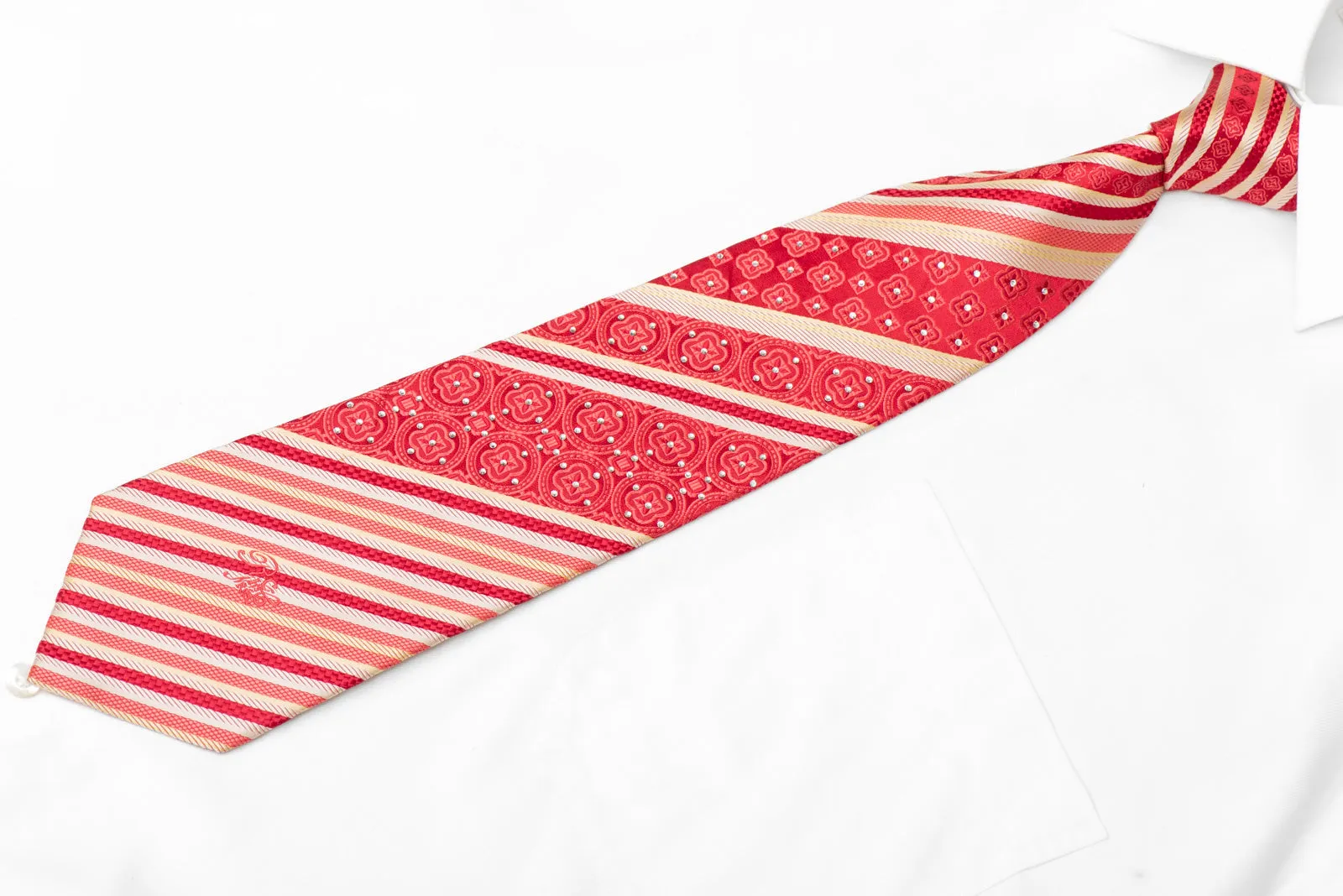 Silver Striped On Red Rhinestone Silk Necktie