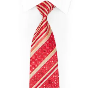 Silver Striped On Red Rhinestone Silk Necktie