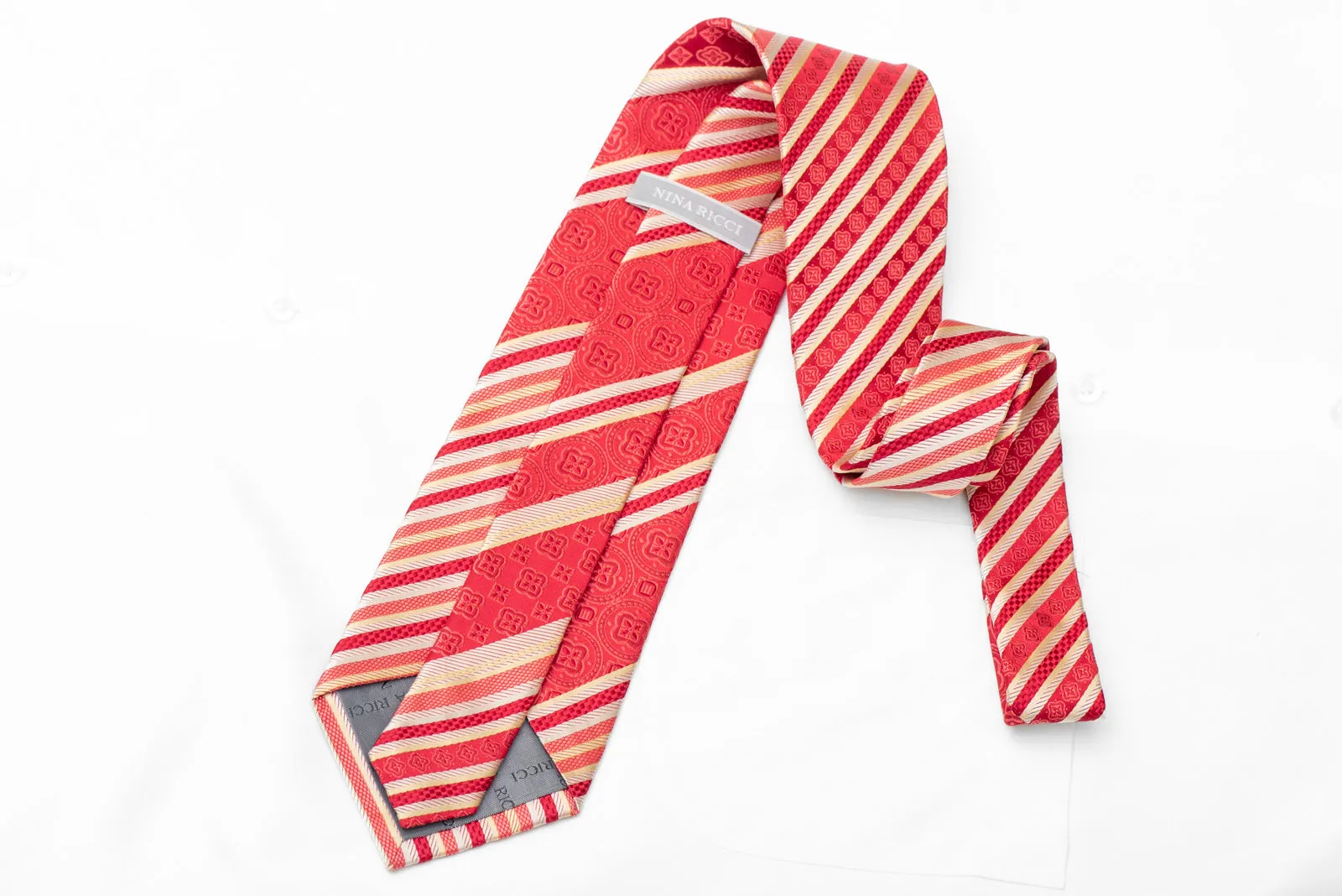 Silver Striped On Red Rhinestone Silk Necktie