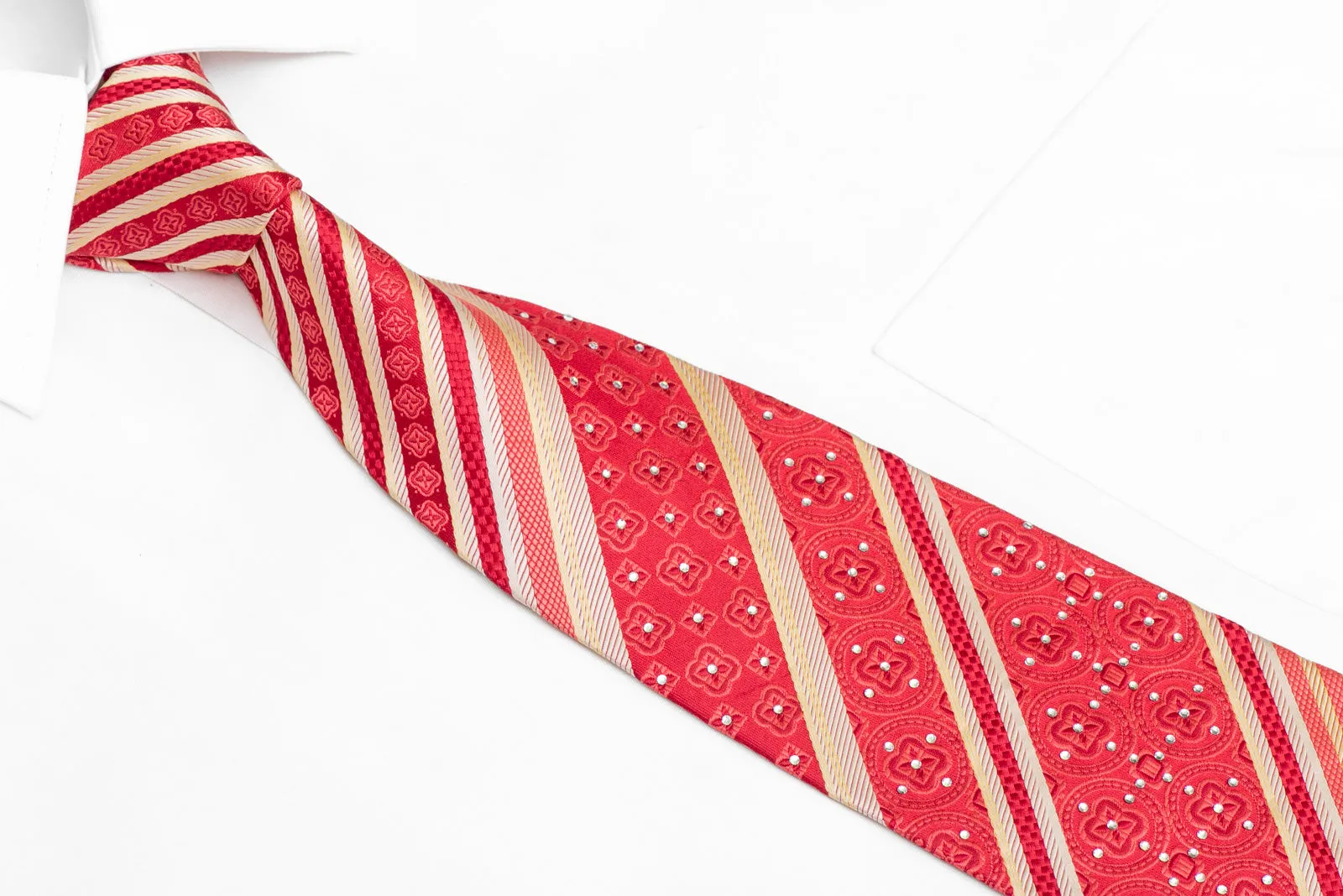 Silver Striped On Red Rhinestone Silk Necktie