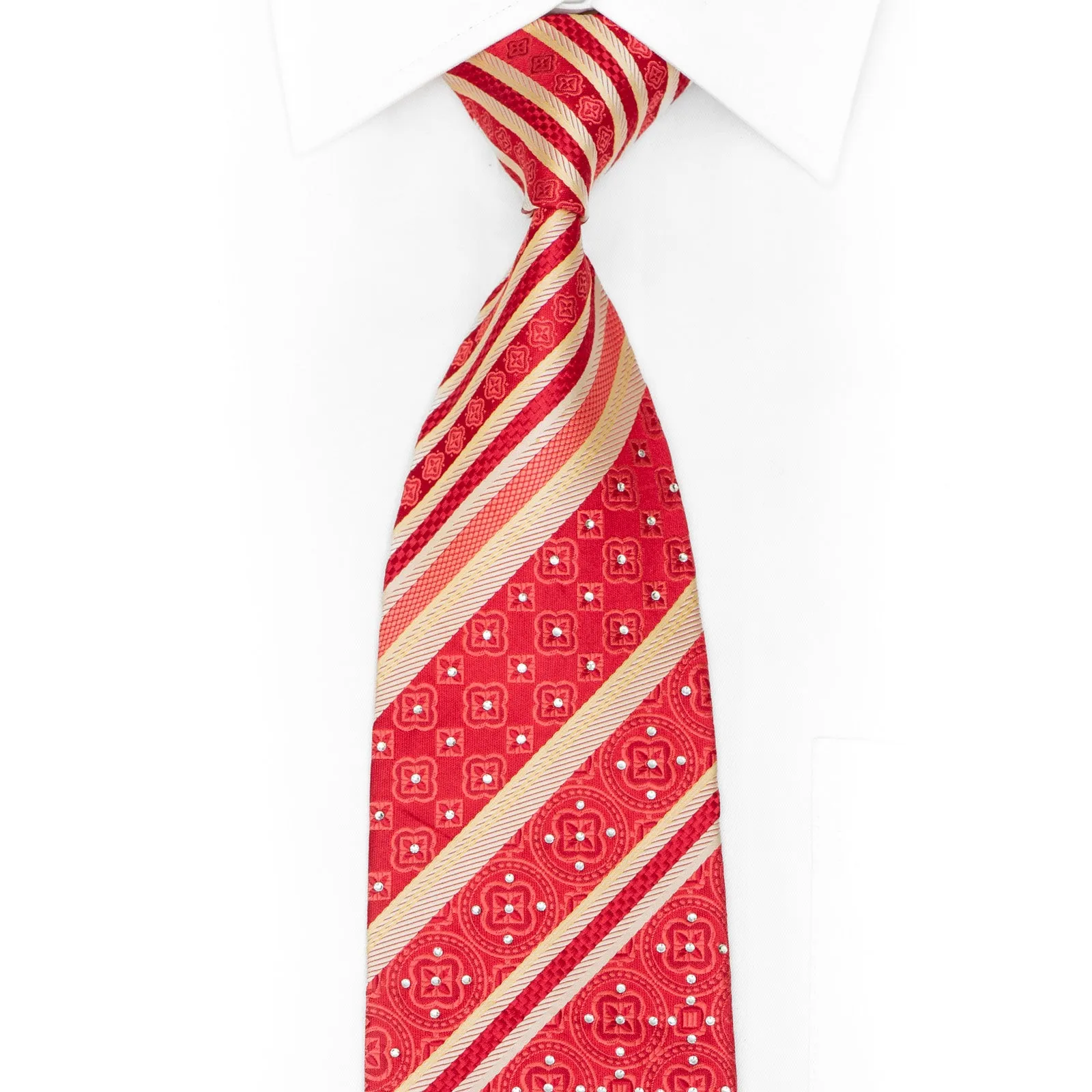 Silver Striped On Red Rhinestone Silk Necktie
