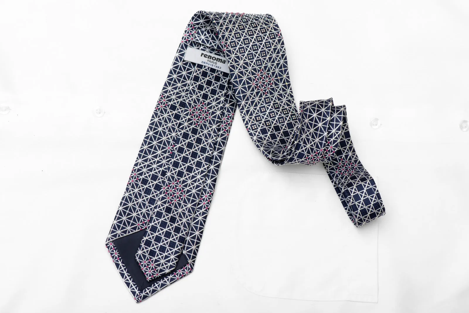 Silver Trellis On Navy Rhinestone Silk Necktie With Silver Sparkles