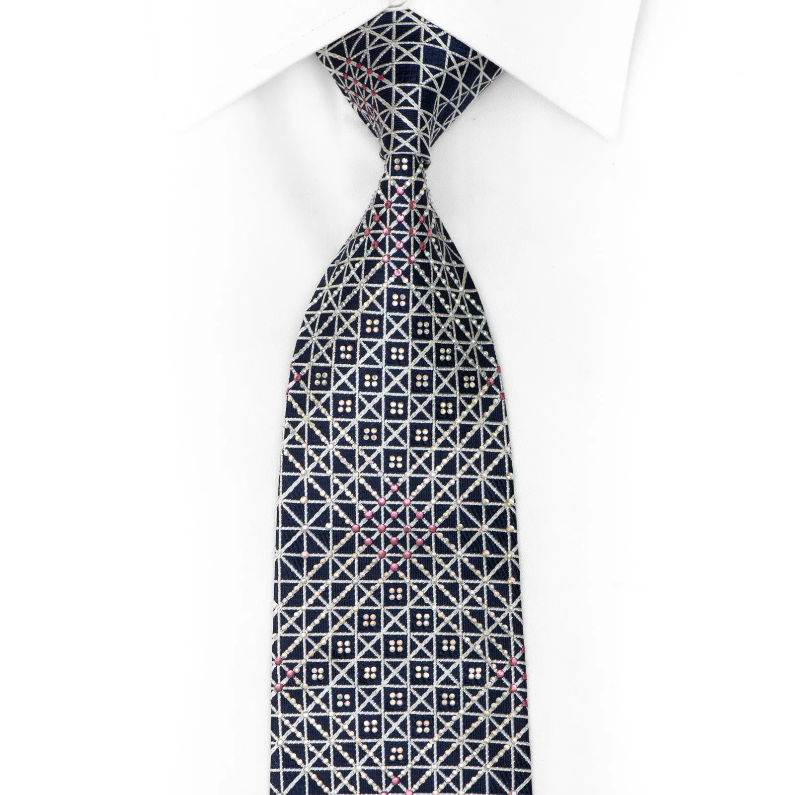 Silver Trellis On Navy Rhinestone Silk Necktie With Silver Sparkles