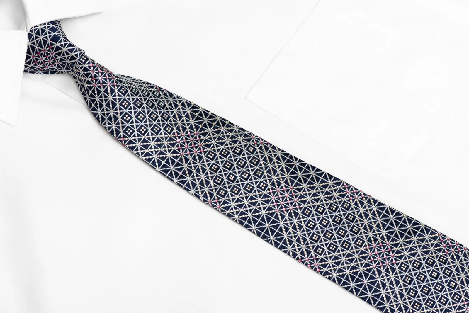 Silver Trellis On Navy Rhinestone Silk Necktie With Silver Sparkles